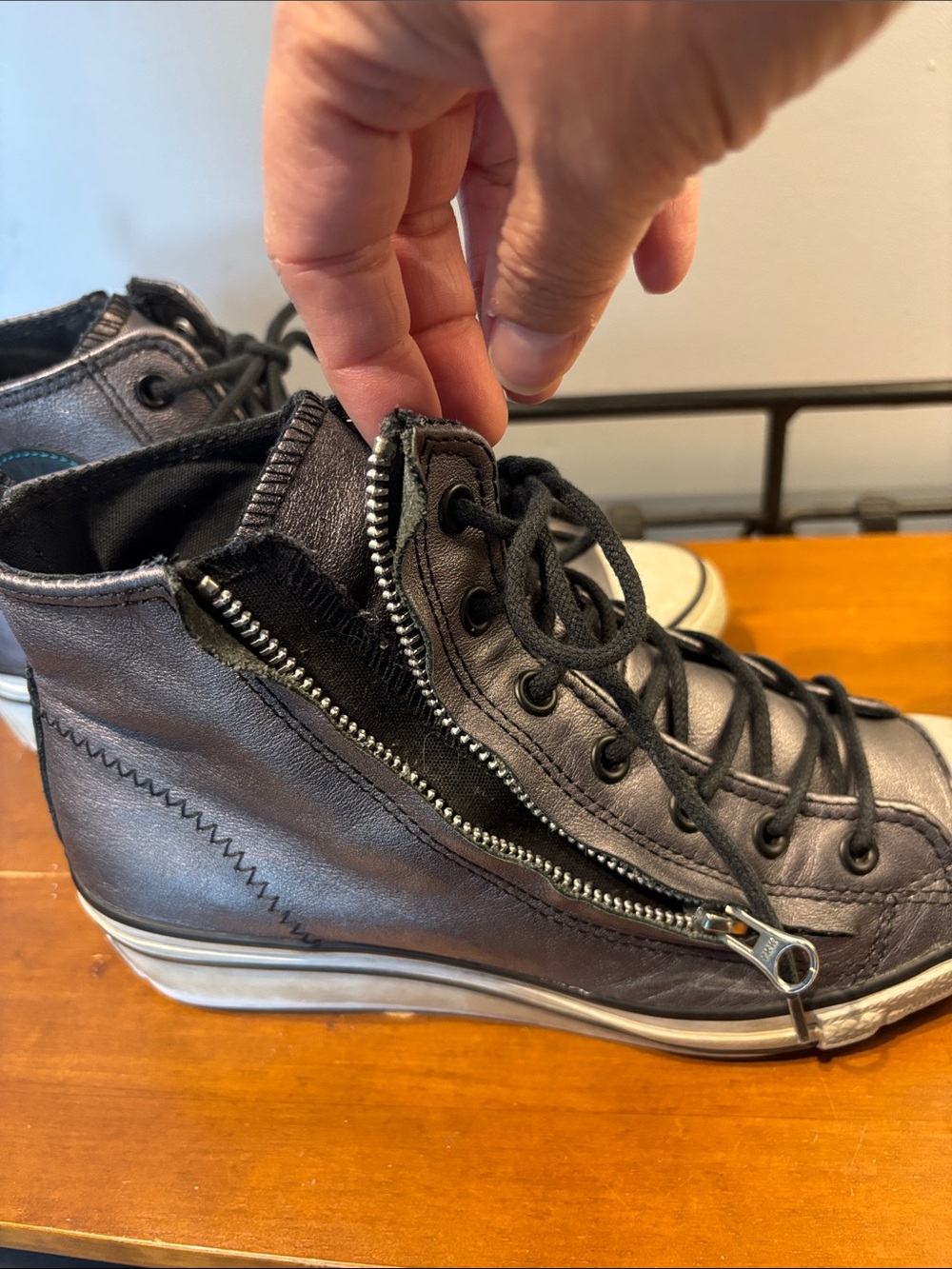 Converse All Stars Leather Silver High Top Zipper Closure with Low Wedge - Picture 6 of 8